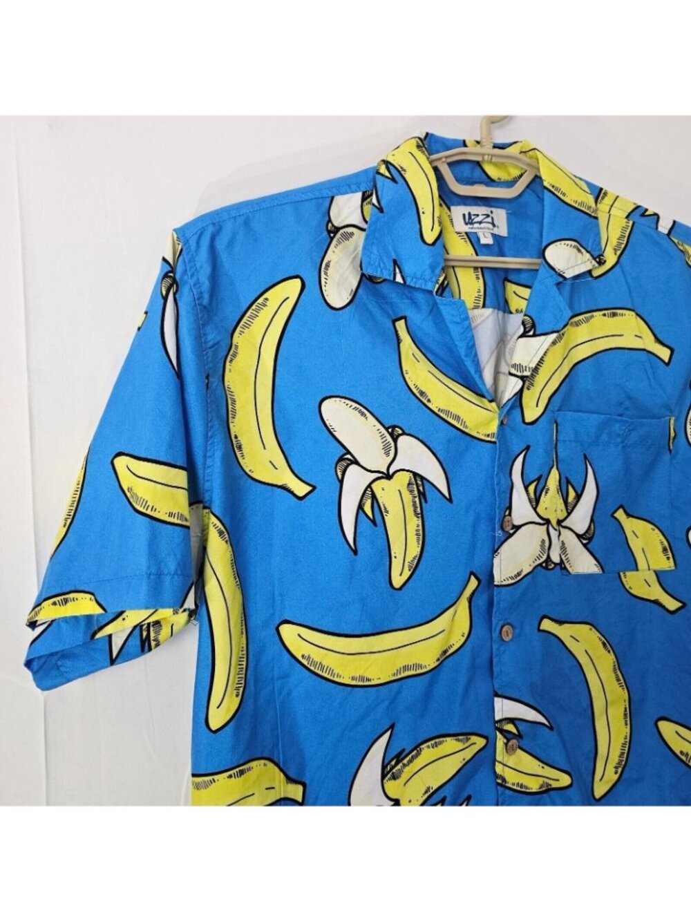 Uzzi Button Up Shirt Mens L Blue Short Sleeve Graphic Print Top Beach Peasant - Picture 8 of 10